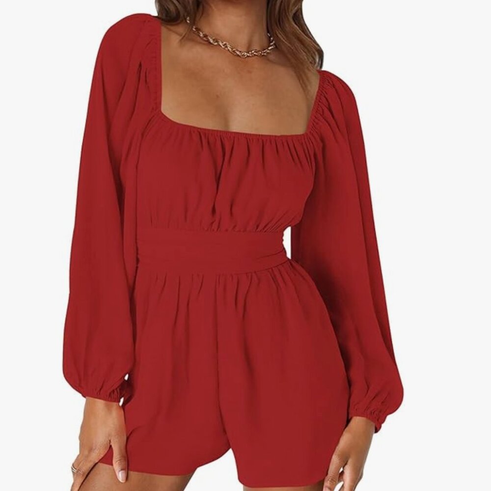 Long Sleeve Shorts Romper Women 2024 Summer Square Neck Tie Back Dressy NWOT